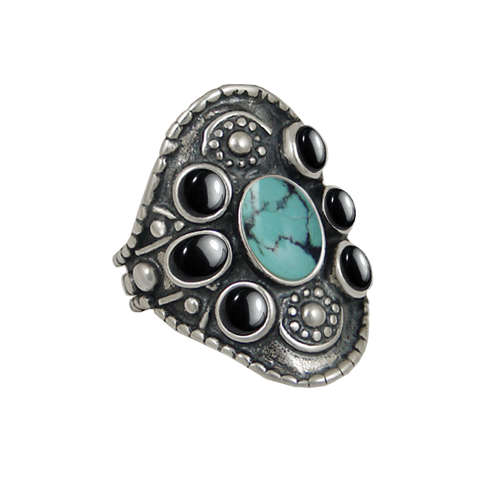 Sterling Silver High Queen's Ring With Chinese Turquoise And Hematite Size 10
